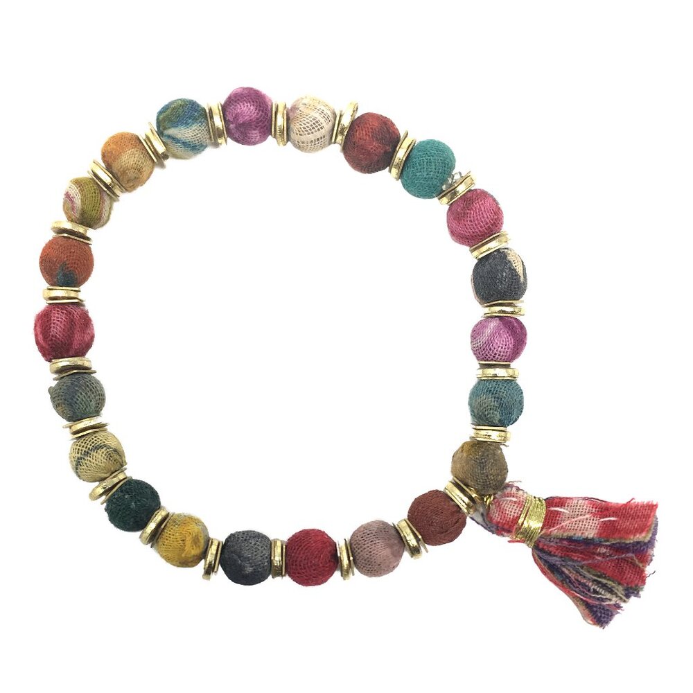 Fair Trade Tassel Kantha and Brass Beads Stretch Bracelet Upcycled Handmade NWT